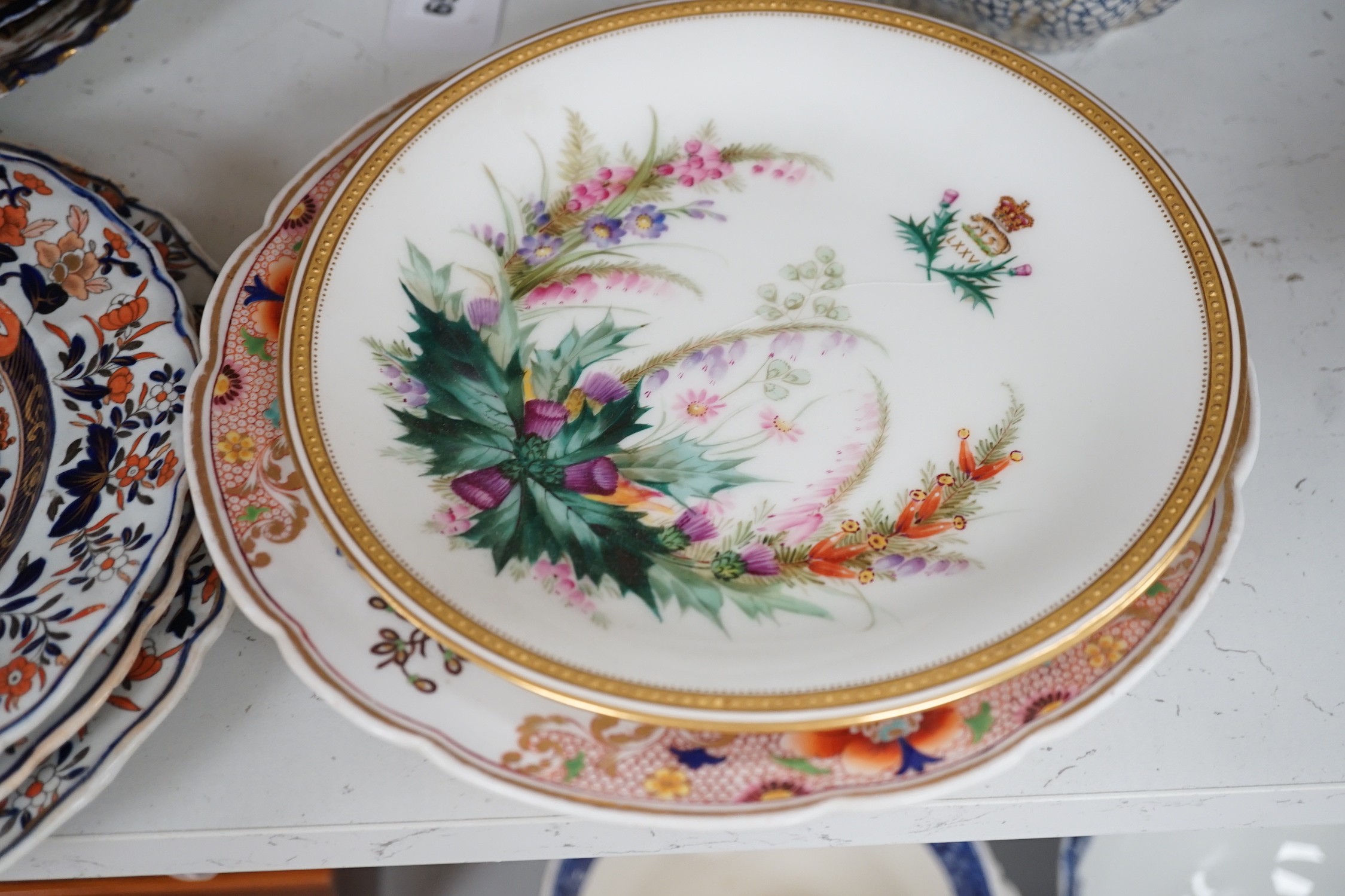 A quantity of Royal Crown Derby Imari teawares, Masons ironstone plates and further 19th century ceramics